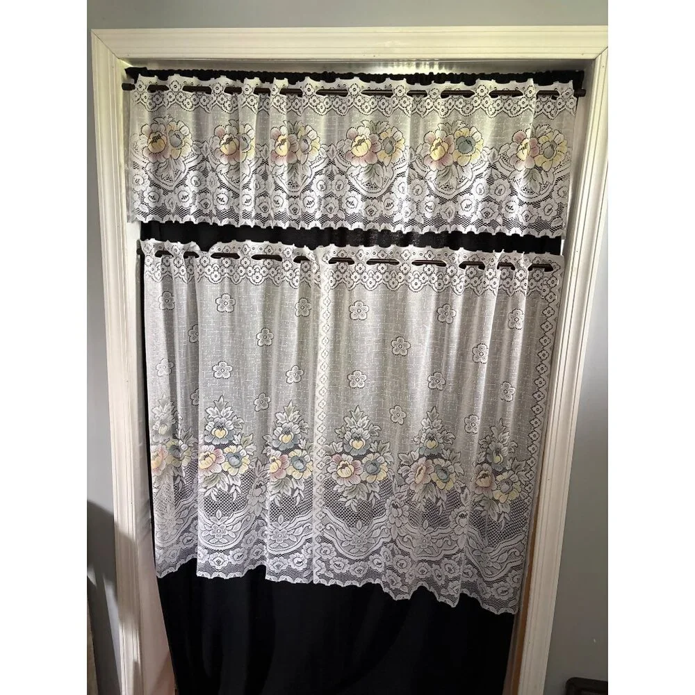Floral Lace Curtain Set with Valance & Tiers